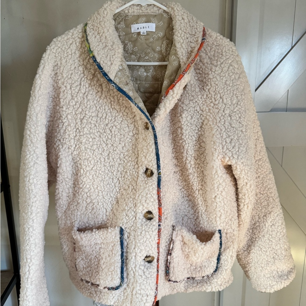 Cream Teddy Jacket with Colorful Trim